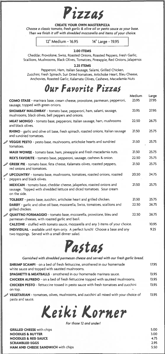 Maui Pizza Menu
